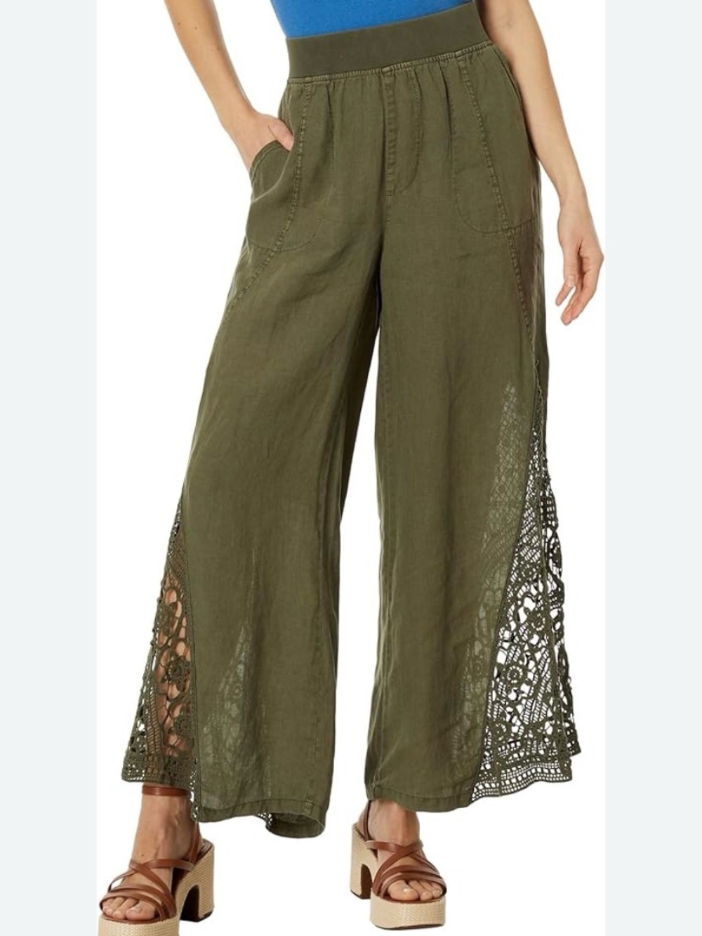 XCVI Ismay Linen Olive Wide-Leg Pants Sheer Crochet Side Panels Medium M [JO]